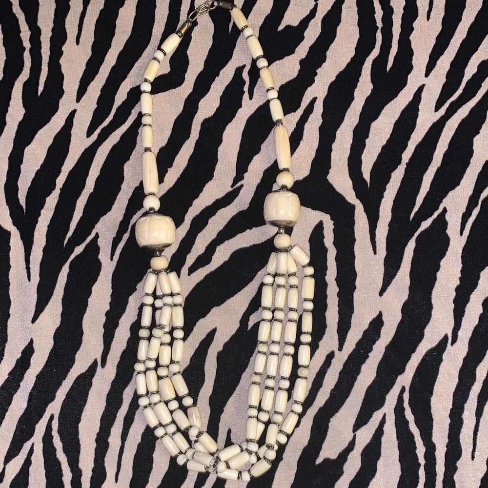 Vintage Bone Off- White and Cream Beaded Necklace with Brass Accents - Picture 7 of 9